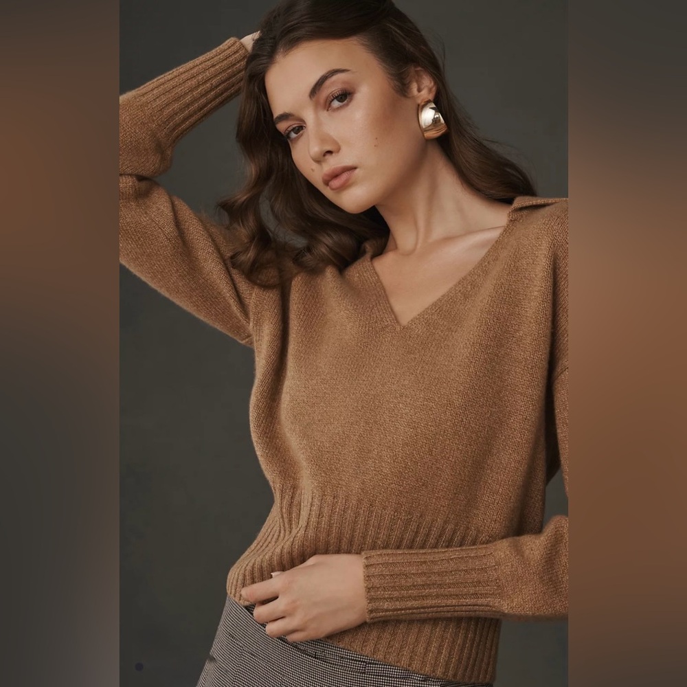 REFORMATION BECKIE 100% CASHMERE COLLARD POLO V NECK SWEATER SIZE M IN CAMEL - Picture 4 of 12